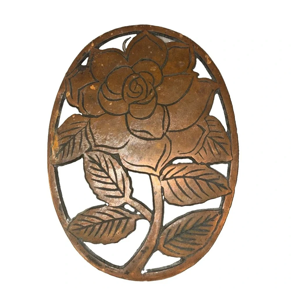 Vtg 1983 Old Dutch Design ROSE TRIVET Copper Over Cast Iron Wall Hanger Flower
